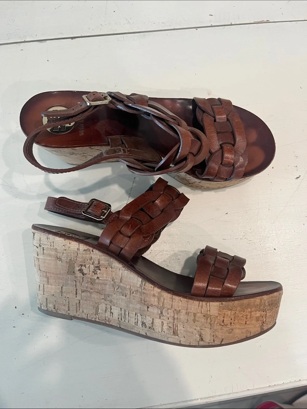 Tory Burch Cognac Braided Leather Cork Wedge Sandals